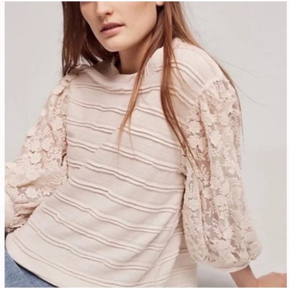 ANTHROPOLOGIE x ERI + ALI Chelsea Lace Sleeve Top Cream Sz L {3L45} - Picture 2 of 7
